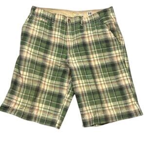 Men's Nobu No Boundaries Green Tan Plaid Drawstring Bermuda Shorts Size 38